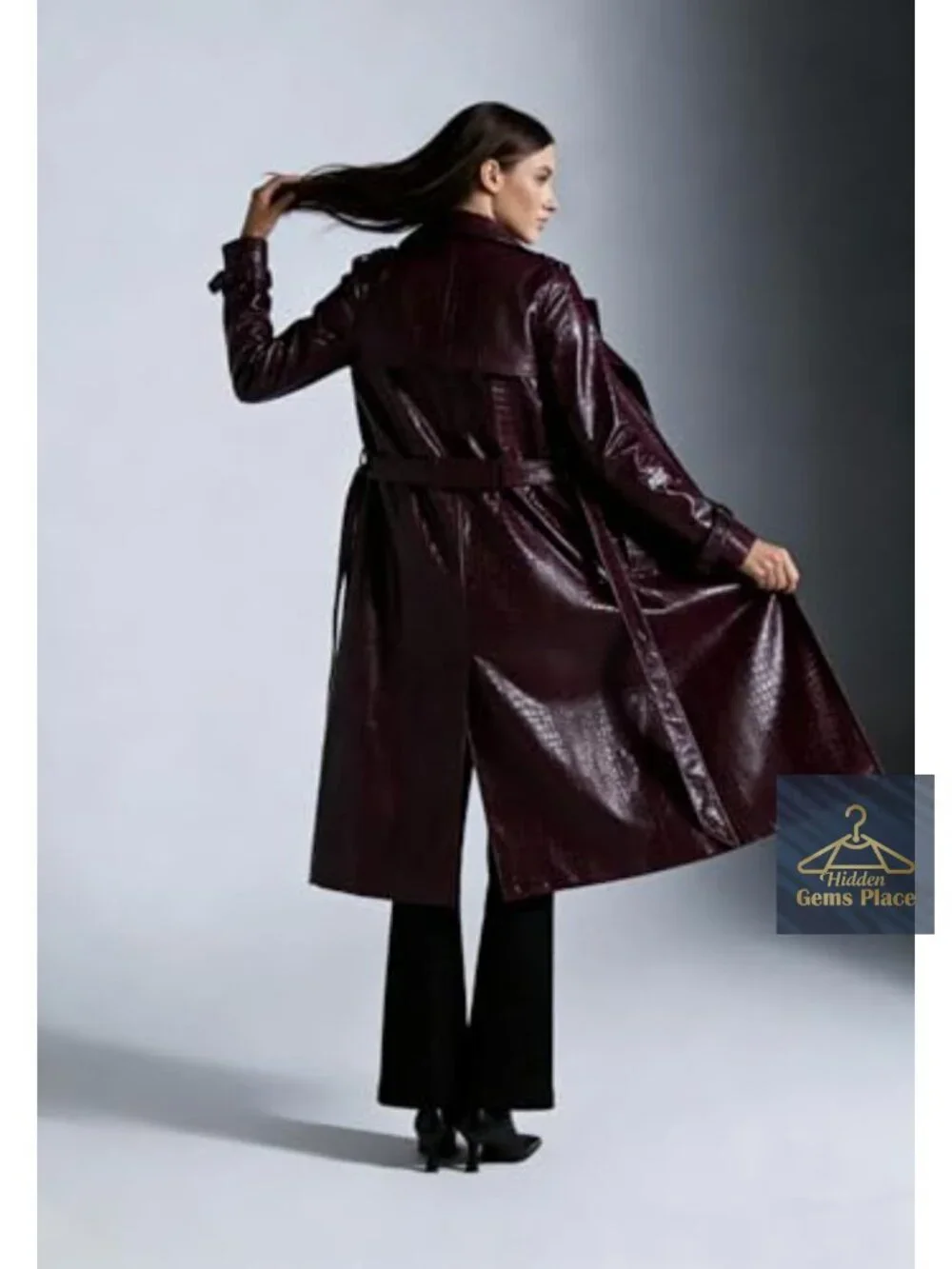 Womens Long Faux Leather Trench Coat with Belt